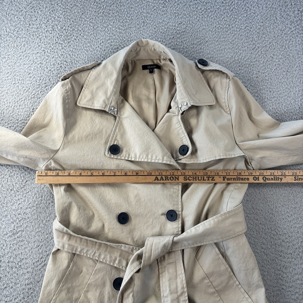 Quince Comfort Stretch Short Trench Coat Womens Large Khaki Tan Belted Cotton - Picture 4 of 14